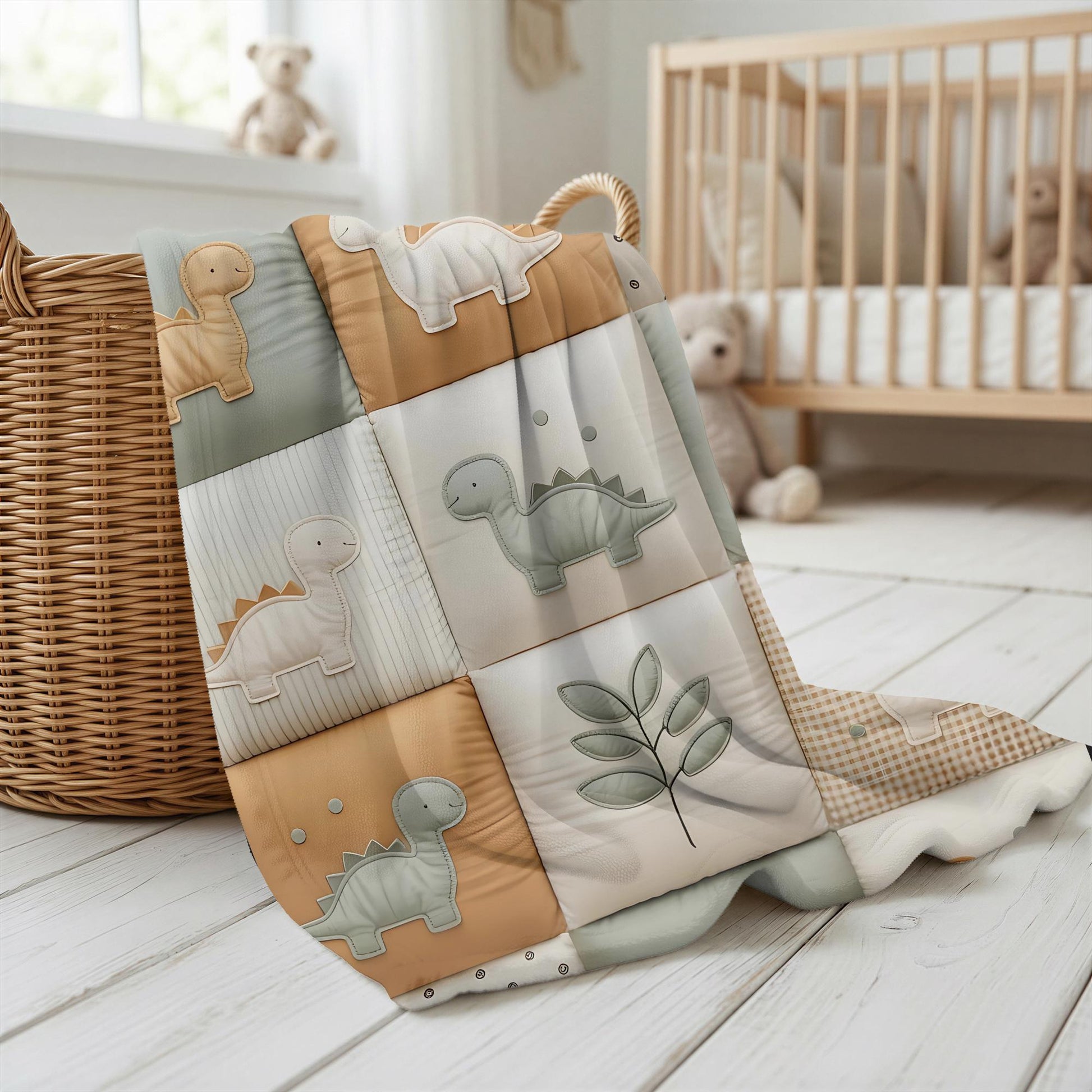 Personalized patchwork look baby blanket with name, featuring cute dinosaur motifs in a soft, neutral dino quilt design. A cozy newborn blanket and thoughtful baby gift.
