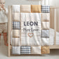 Personalized baby quilt blanket featuring your baby’s name and the quote “Pure Love” in a soft, neutral patchwork design. A cozy newborn blanket and meaningful keepsake gift.