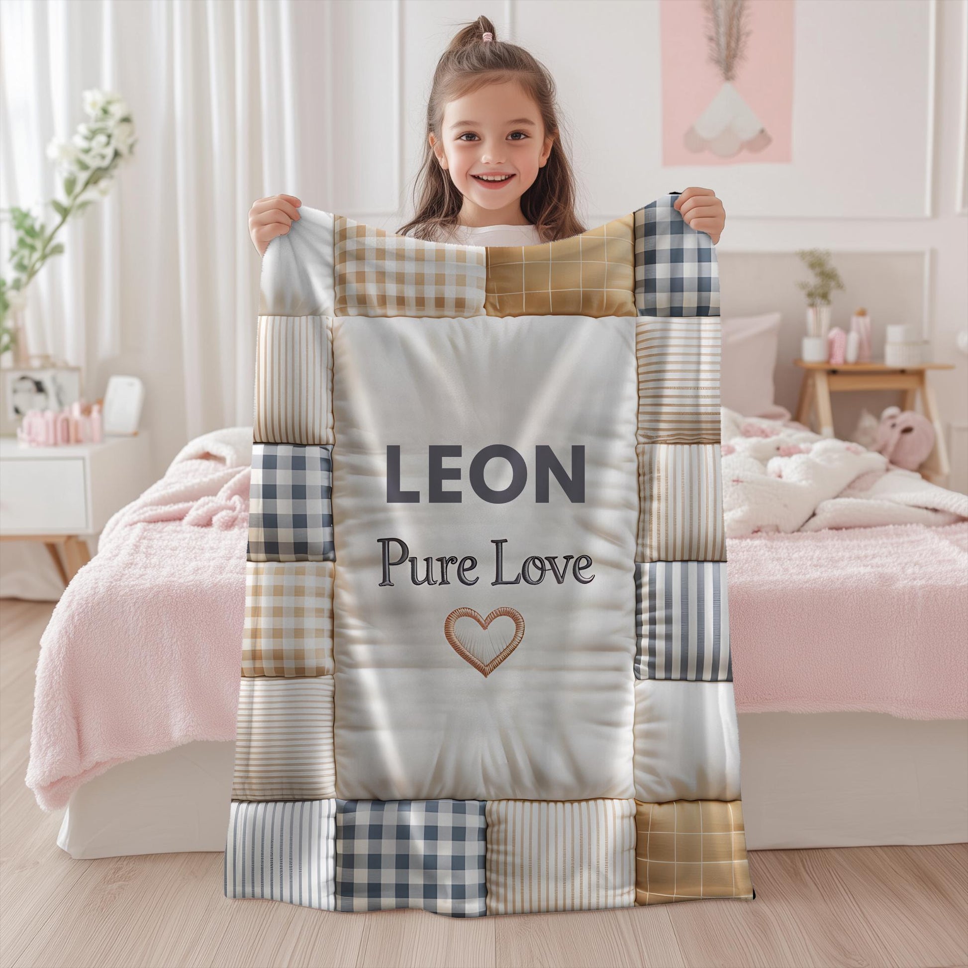 Personalized baby quilt blanket featuring your baby’s name and the quote “Pure Love” in a soft, neutral patchwork design. A cozy newborn blanket and meaningful keepsake gift.