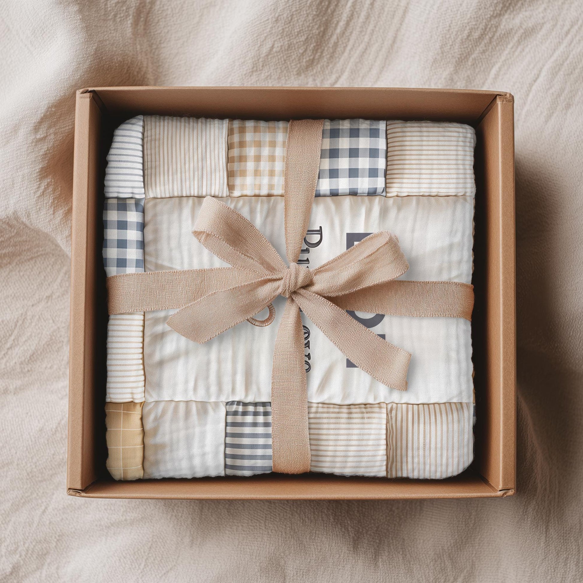 Personalized baby quilt blanket featuring your baby’s name and the quote “Pure Love” in a soft, neutral patchwork design. A cozy newborn blanket and meaningful keepsake gift.