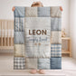 A personalized baby blanket with your name and “Simply Loved” quote. Soft blue patchwork quilt look with stars – a timeless newborn keepsake for boys.