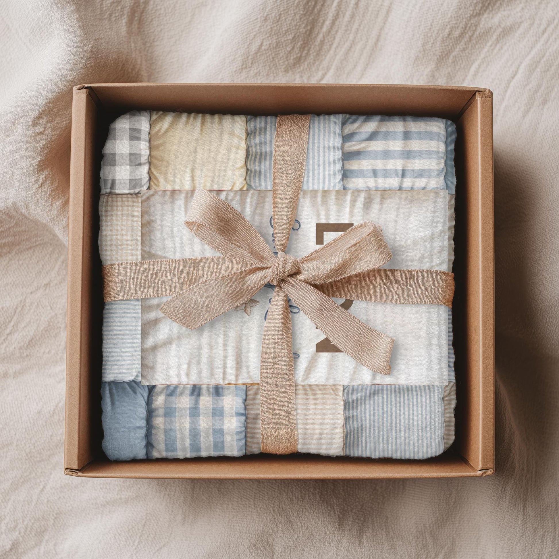 Personalized baby blanket with name in a soft patchwork quilt look. Neutral, lightweight and cozy – a timeless newborn or baby shower gift.