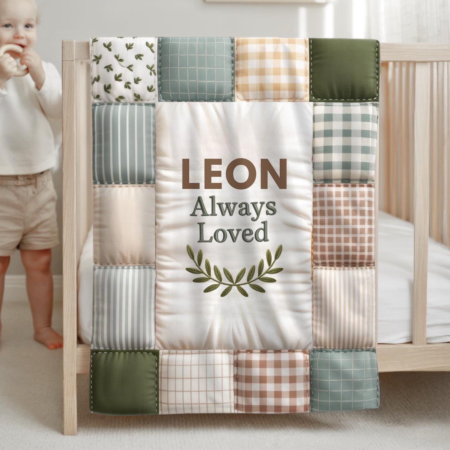 Baby blanket with quote and name in a patchwork quilt style. A soft, meaningful keepsake blanket for newborns and baby gifts.