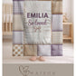 Neutral baby blanket in a patchwork quilt look with baby name. Unisex design, soft and timeless – perfect for modern nurseries and baby gifts.