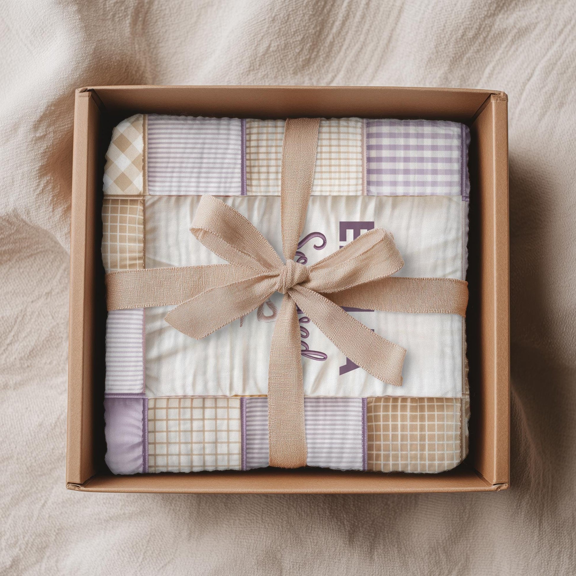 Neutral baby blanket in a patchwork quilt look with baby name. Unisex design, soft and timeless – perfect for modern nurseries and baby gifts.