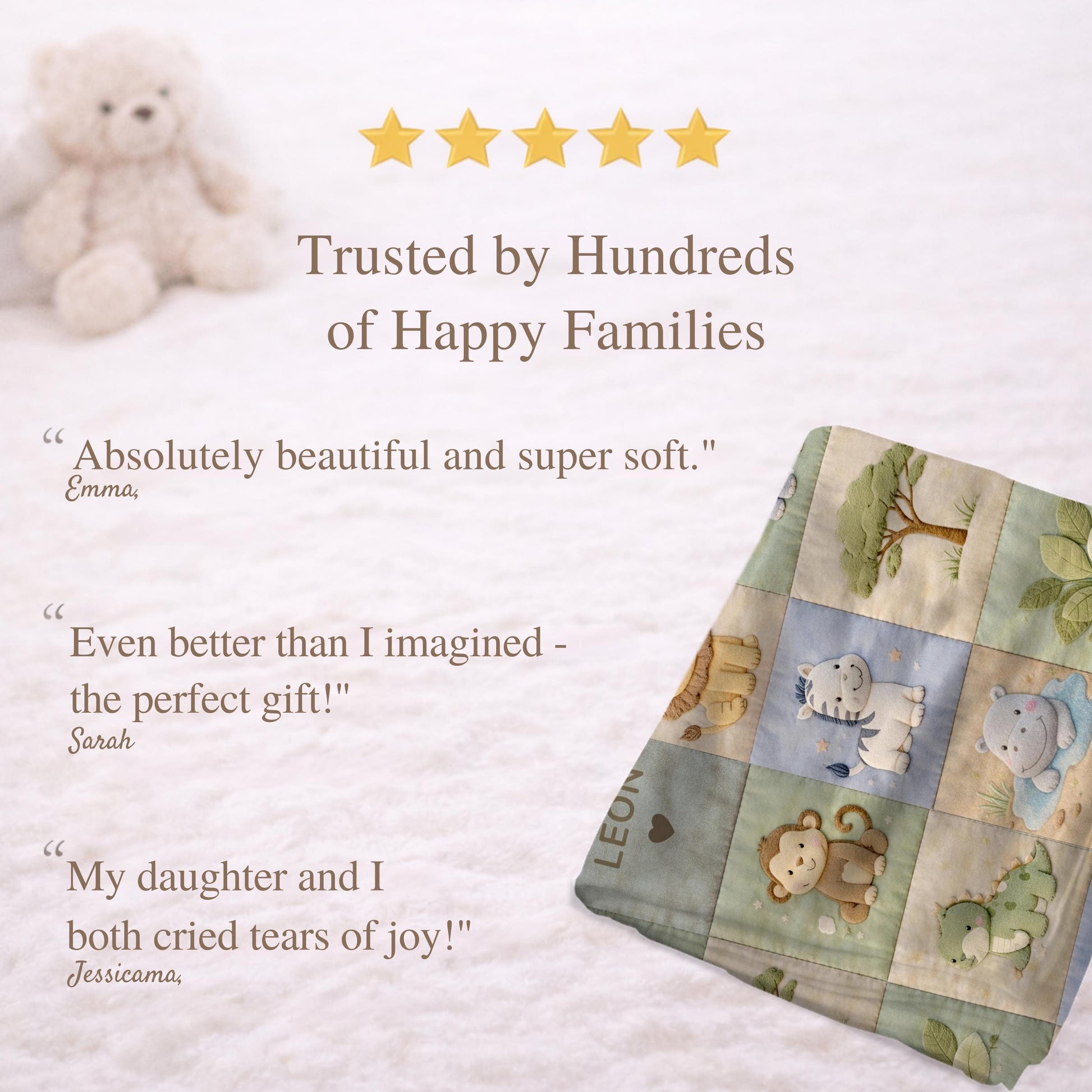 Personalized patchwork look baby blanket with name and sweet safari animals like lion, elephant and monkey in a soft quilt style design.