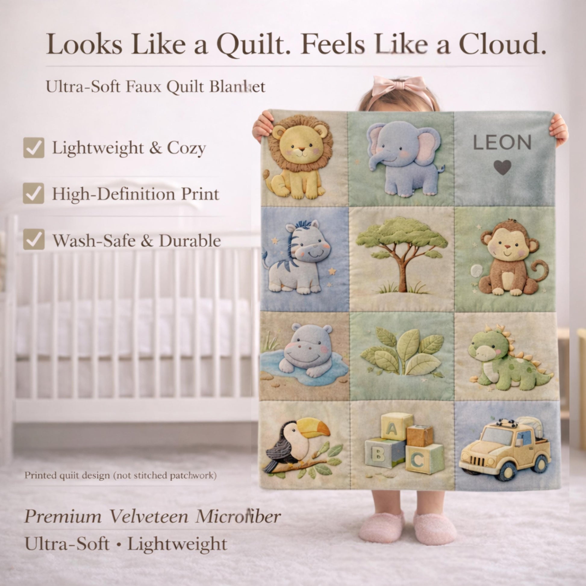 Personalized patchwork look baby blanket with name and sweet safari animals like lion, elephant and monkey in a soft quilt style design.