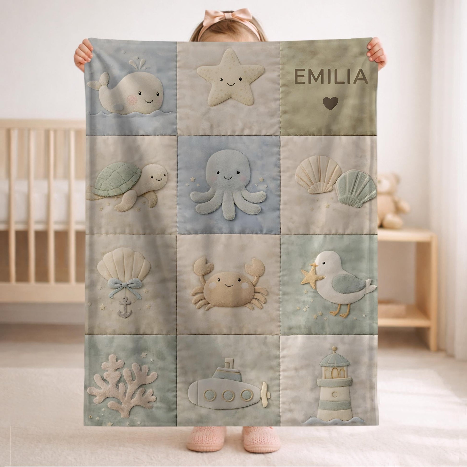 Personalized patchwork look baby blanket with name, crab, whale and octopus in a soft underwater quilt design. Cozy newborn blanket and baby gift.