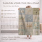 Personalized patchwork look baby blanket with name, crab, whale and octopus in a soft underwater quilt design. Cozy newborn blanket and baby gift.