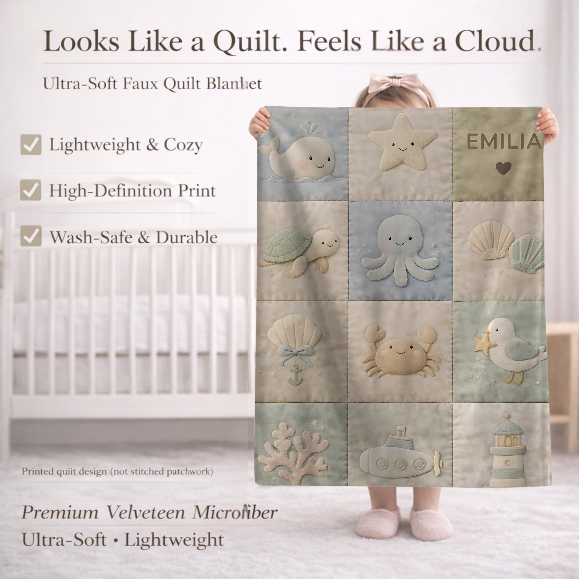 Personalized patchwork look baby blanket with name, crab, whale and octopus in a soft underwater quilt design. Cozy newborn blanket and baby gift.