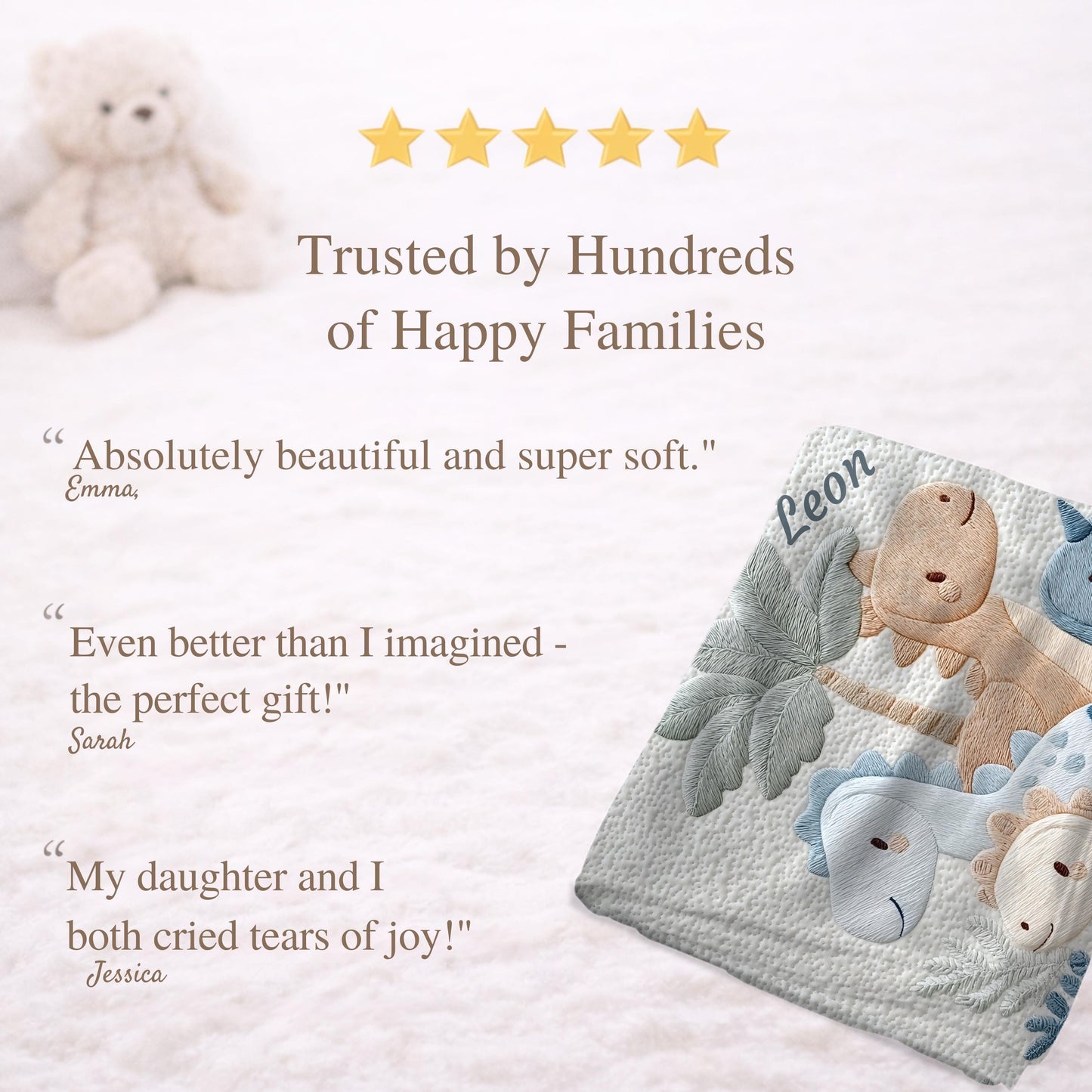 Personalized Dinosaur baby blanket with name - embroidered look details in soft neutral colors. A cozy newborn blanket and timeless boutique baby gift.
