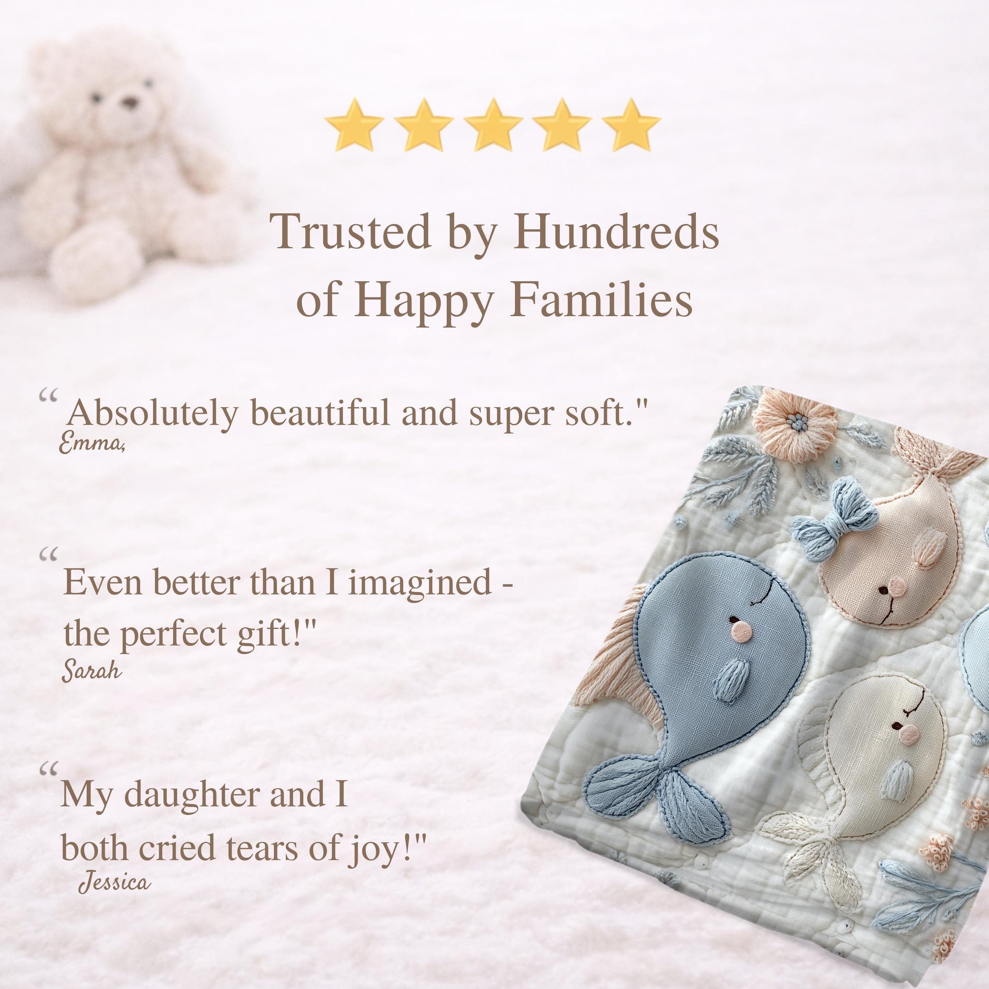Soft embroidered-look baby blanket featuring a calm fish motif with delicate floral details. Gentle neutral and pastel tones — a timeless boutique-style gift for modern, serene nurseries.