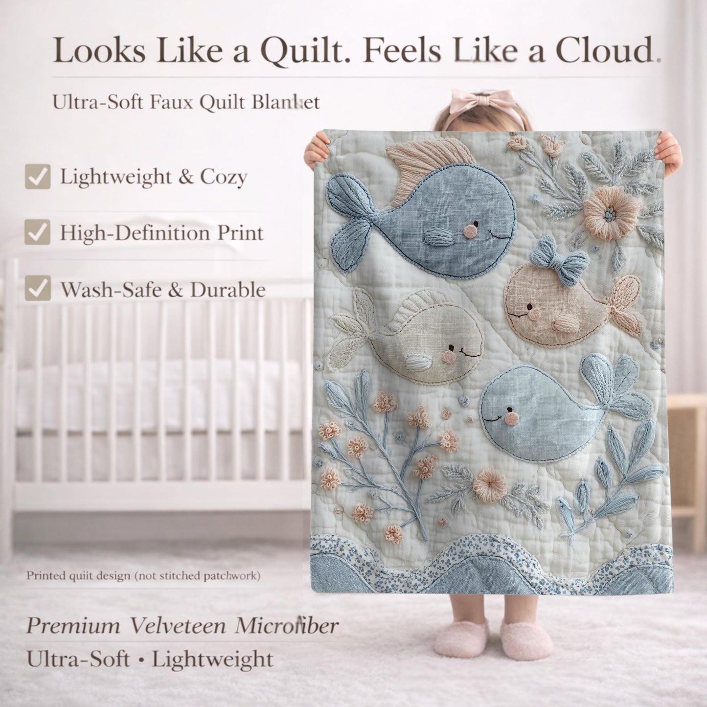 Soft embroidered-look baby blanket featuring a calm fish motif with delicate floral details. Gentle neutral and pastel tones — a timeless boutique-style gift for modern, serene nurseries.