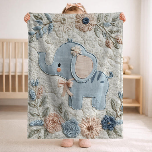 Embroidered Look Baby Blanket • Elephant Floral • Neutral Nursery Decor • Soft Newborn Blanket • Boutique Baby Gift