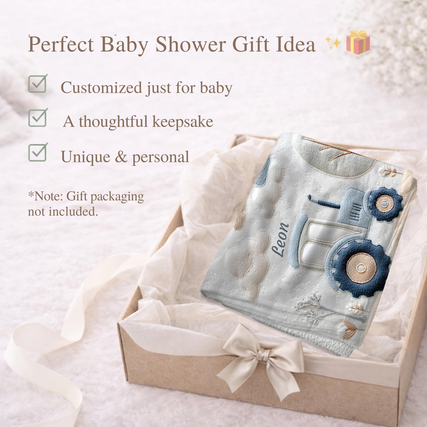Personalized Traktor baby blanket with name - embroidered look details in soft neutral colors. A cozy newborn blanket and timeless boutique baby gift.