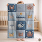 Personalized patchwork look baby blanket with name, crab, whale and octopus in a soft underwater quilt design. Cozy newborn blanket and baby gift.