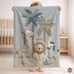 Personalized Safari baby blanket with name - embroidered look details in soft neutral colors. A cozy newborn blanket and timeless boutique baby gift.