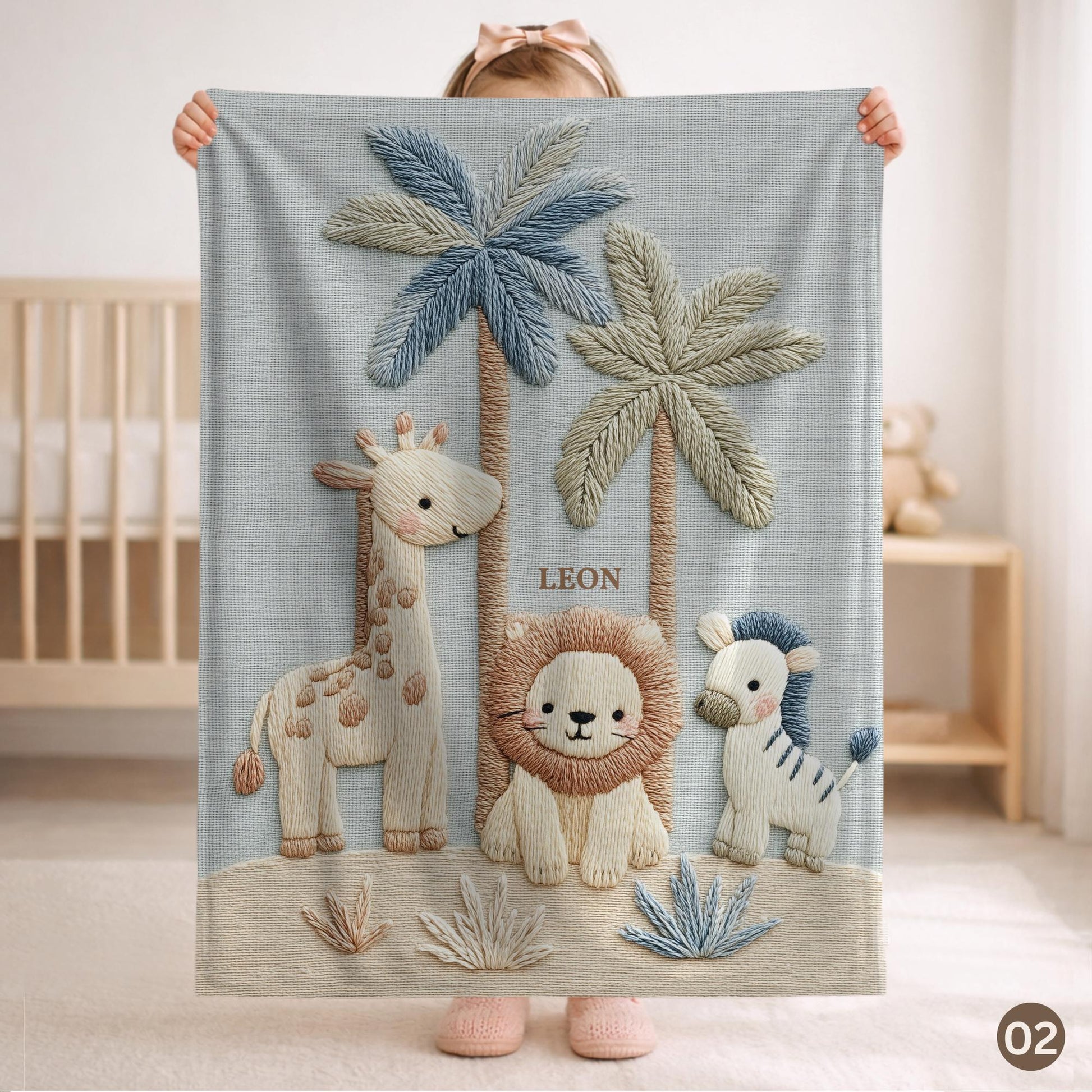 Personalized Safari baby blanket with name - embroidered look details in soft neutral colors. A cozy newborn blanket and timeless boutique baby gift.