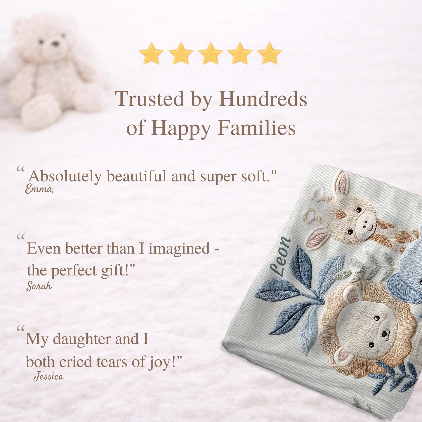 Personalized Safari baby blanket with name - embroidered look details in soft neutral colors. A cozy newborn blanket and timeless boutique baby gift.
