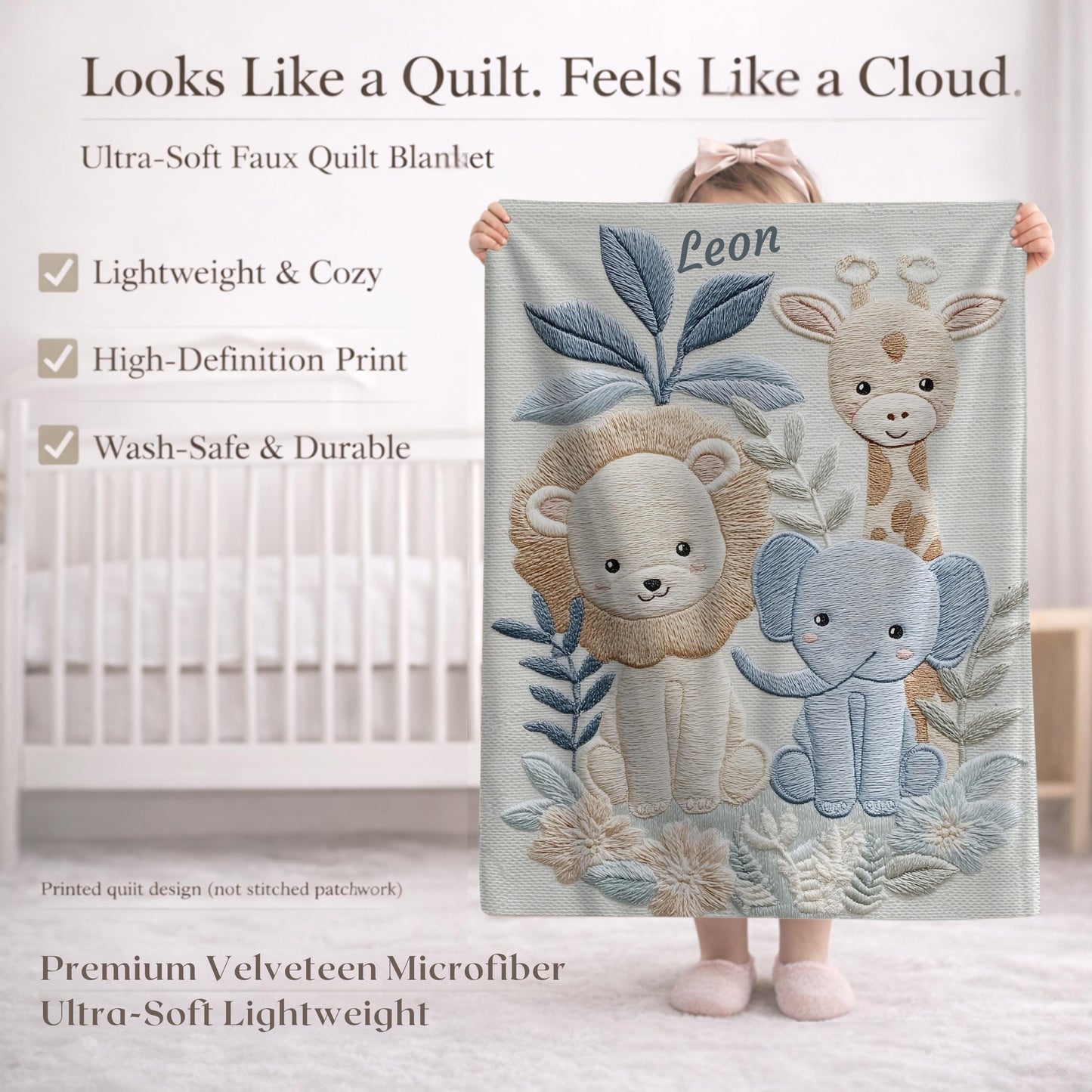 Personalized Safari baby blanket with name - embroidered look details in soft neutral colors. A cozy newborn blanket and timeless boutique baby gift.