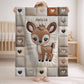 Personalized deer baby blanket with name and patchwork quilt look. Choose between the large Velveteen blanket or the small Minky Lovey security blanket.