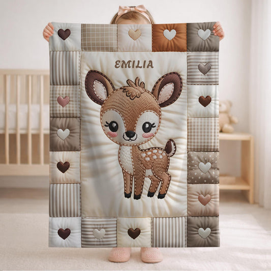 Personalized deer baby blanket with name and patchwork quilt look. Choose between the large Velveteen blanket or the small Minky Lovey security blanket.