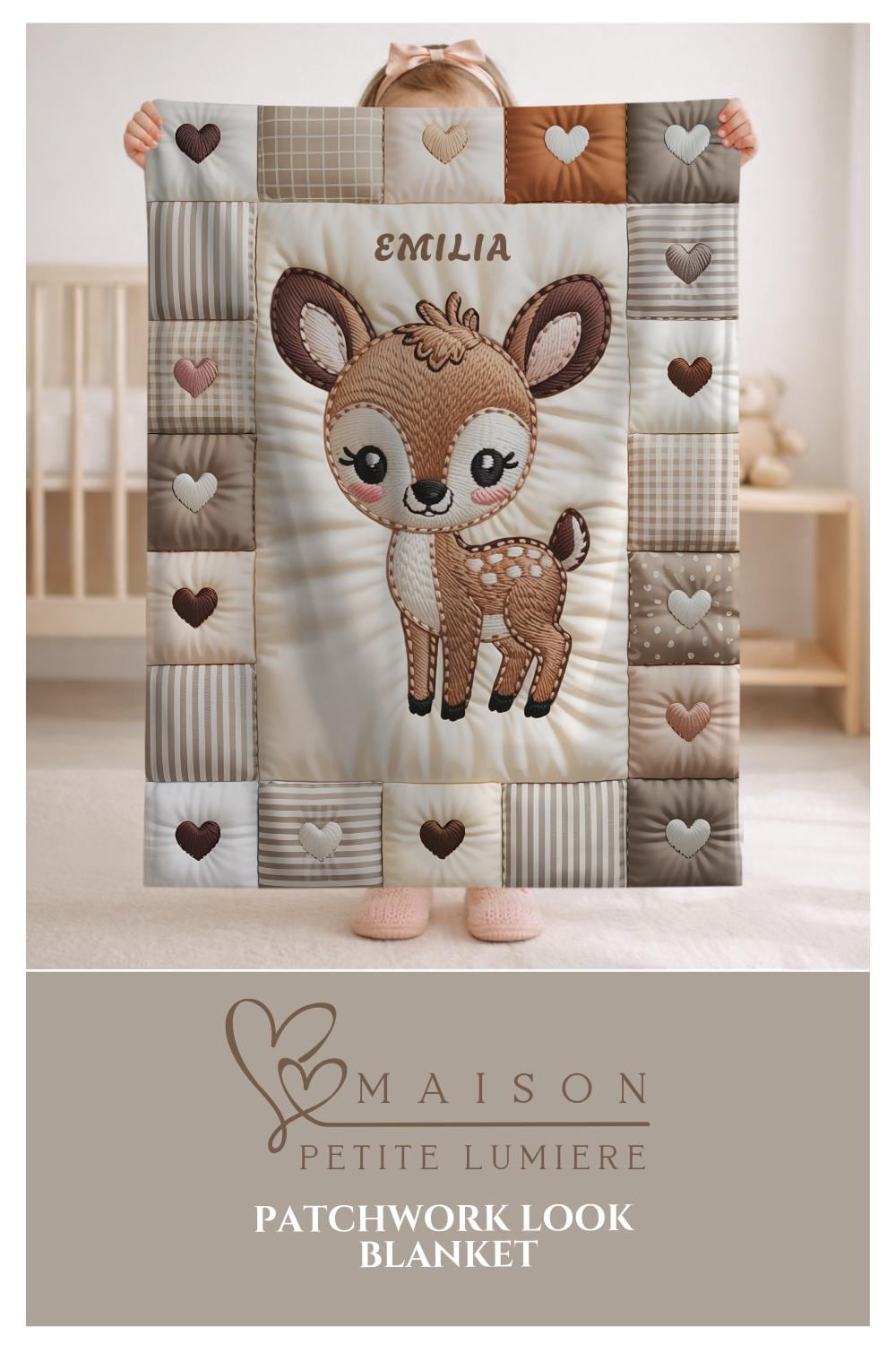Personalized deer baby blanket with name and patchwork quilt look. Choose between the large Velveteen blanket or the small Minky Lovey security blanket.