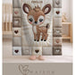 Personalized deer baby blanket with name and patchwork quilt look. Choose between the large Velveteen blanket or the small Minky Lovey security blanket.