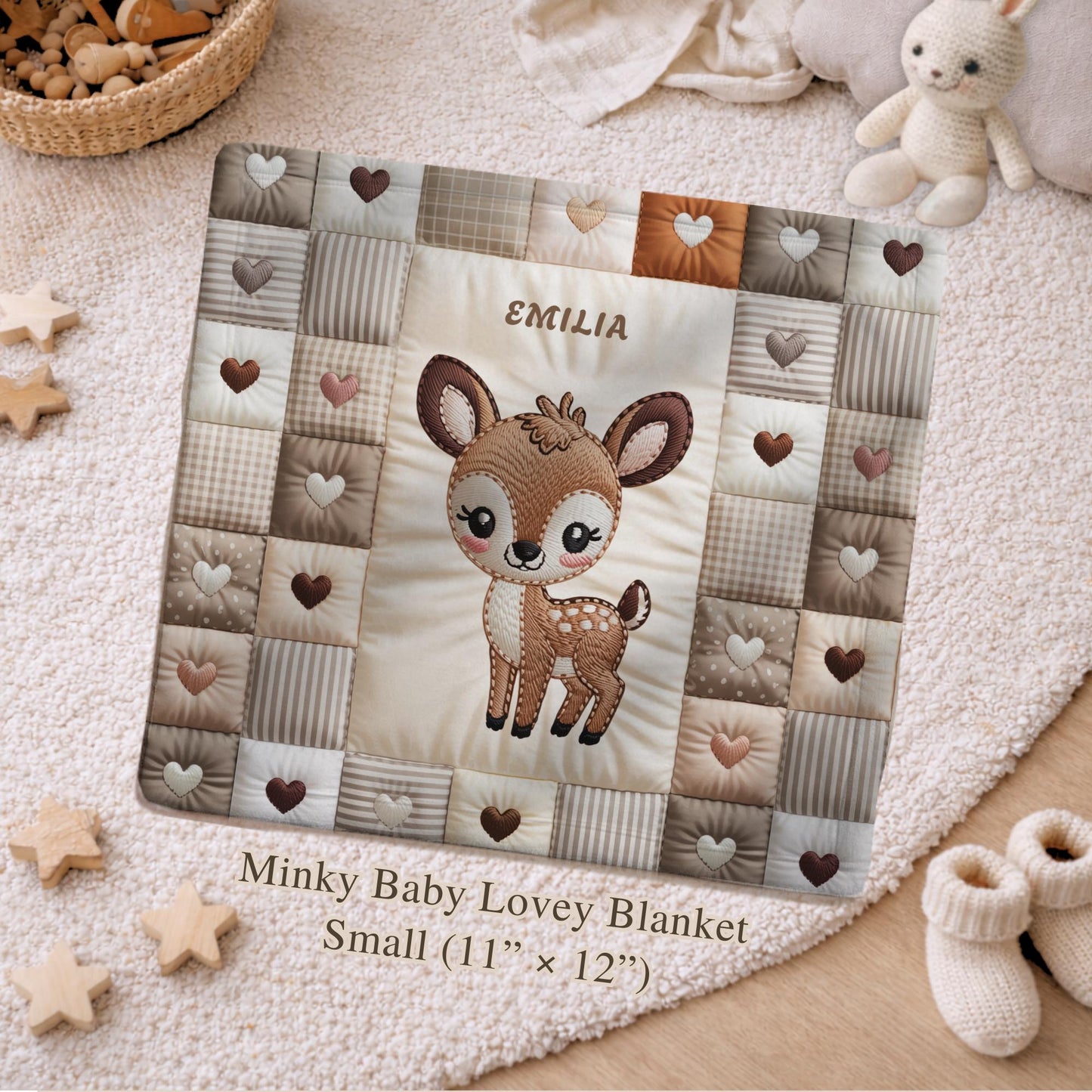 Personalized deer baby blanket with name and patchwork quilt look. Choose between the large Velveteen blanket or the small Minky Lovey security blanket.