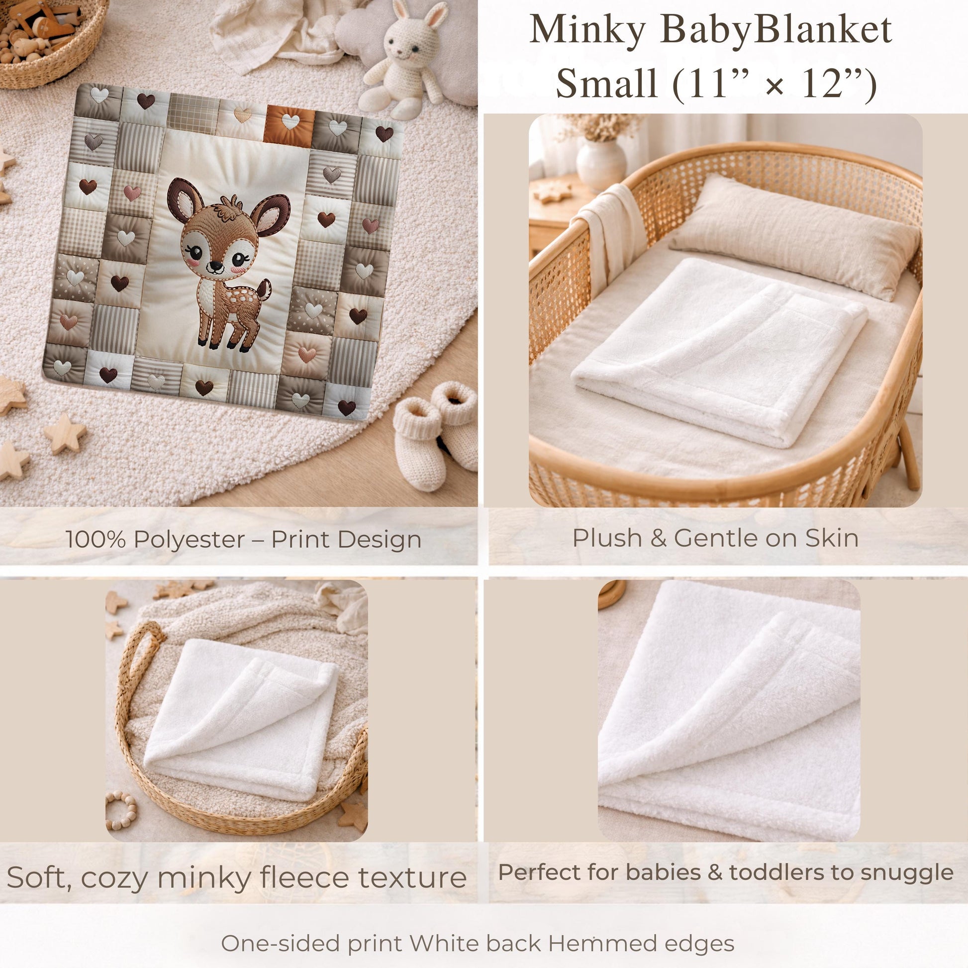Personalized deer baby blanket with name and patchwork quilt look. Choose between the large Velveteen blanket or the small Minky Lovey security blanket.