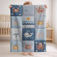 Personalized baby blanket with name in a patchwork look with whale and ocean motifs. Calm blue and beige tones – soft velveteen or minky.