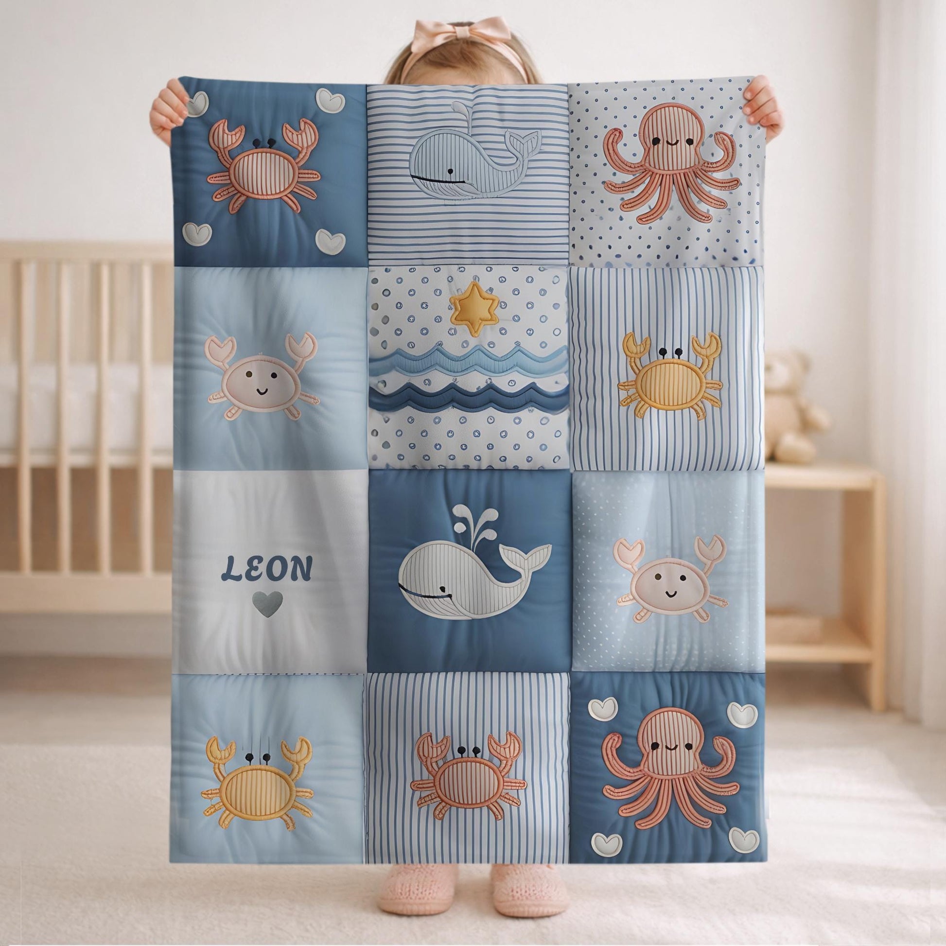Personalized baby blanket with name in a patchwork look with whale and ocean motifs. Calm blue and beige tones – soft velveteen or minky.