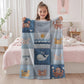 Personalized baby blanket with name in a patchwork look with whale and ocean motifs. Calm blue and beige tones – soft velveteen or minky.