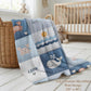 Personalized baby blanket with name in a patchwork look with whale and ocean motifs. Calm blue and beige tones – soft velveteen or minky.