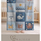 Personalized baby blanket with name in a patchwork look with whale and ocean motifs. Calm blue and beige tones – soft velveteen or minky.