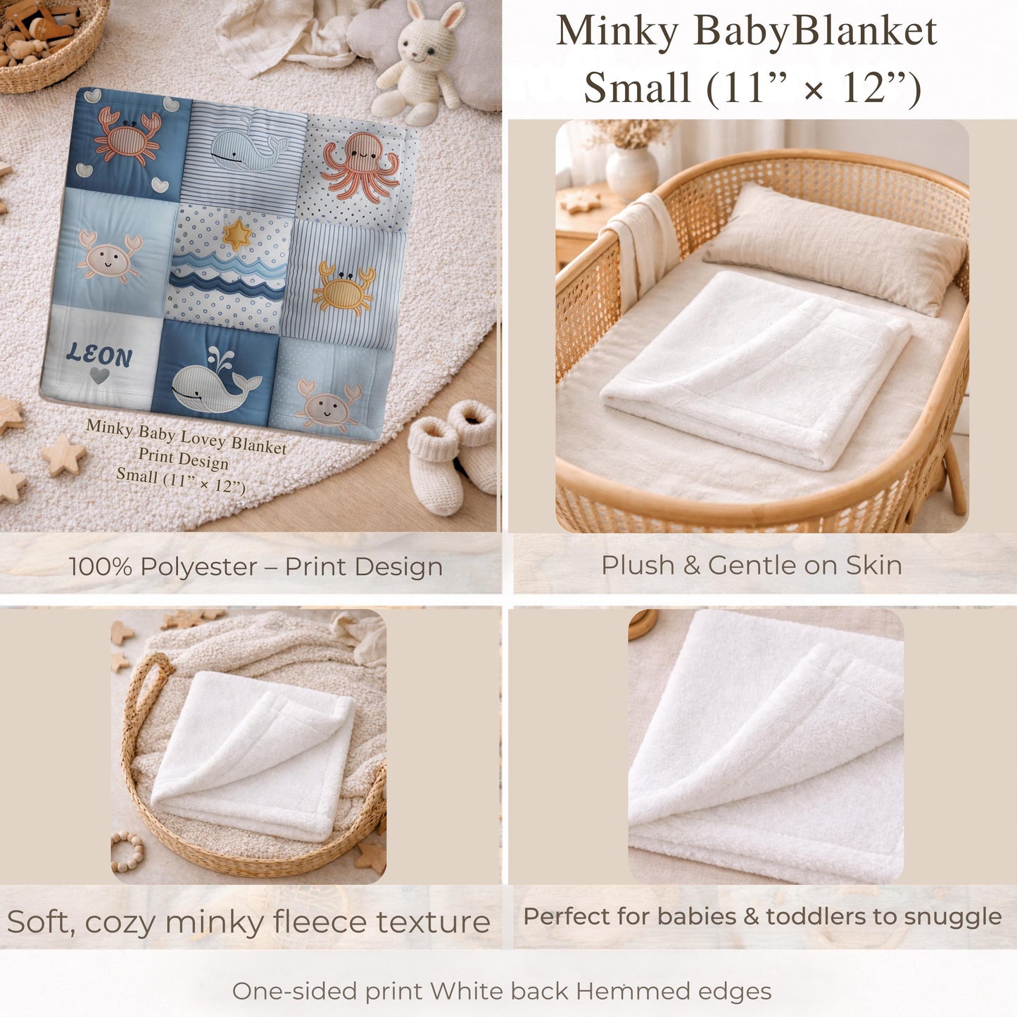 Personalized baby blanket with name in a patchwork look with whale and ocean motifs. Calm blue and beige tones – soft velveteen or minky.