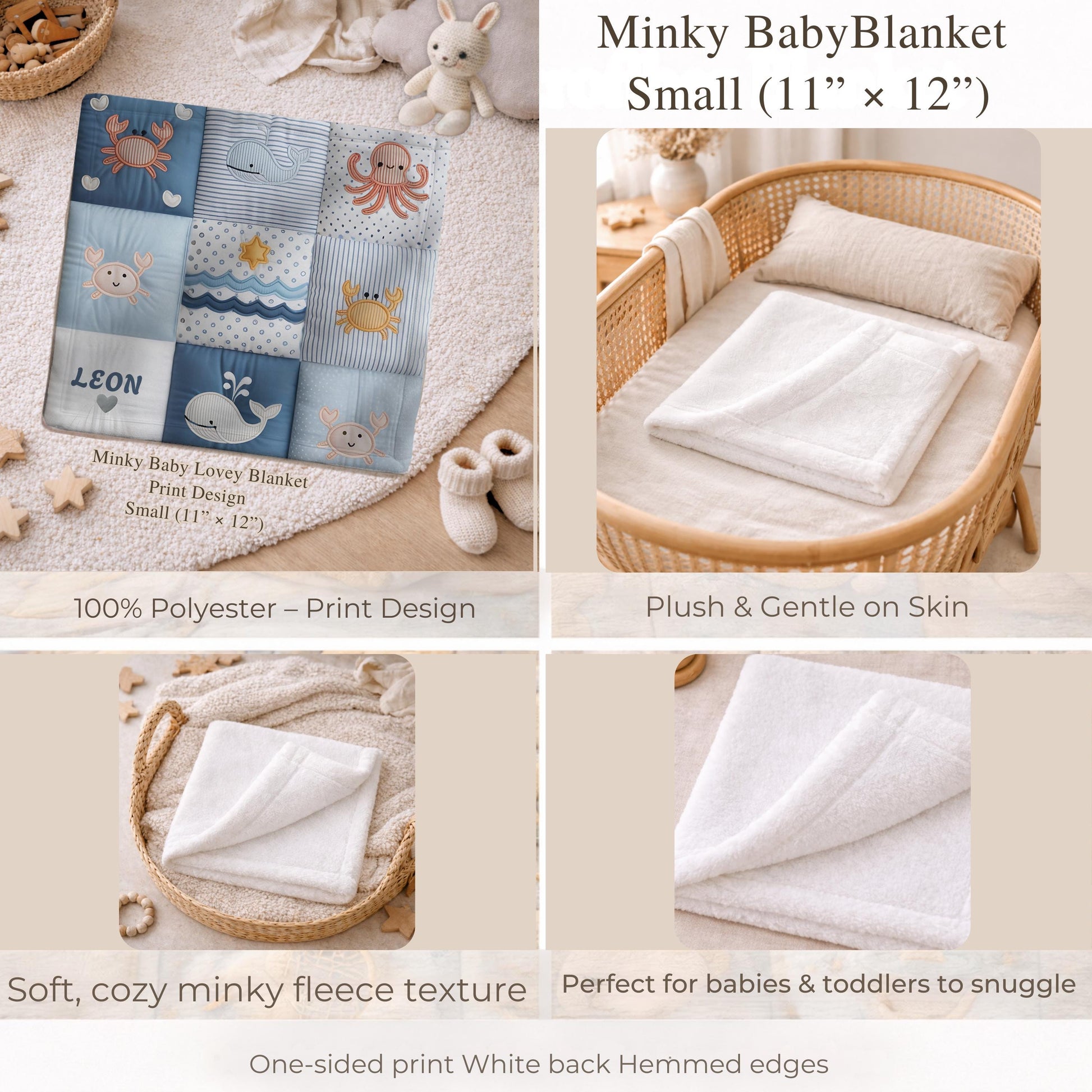 Personalized baby blanket with name in a patchwork look with whale and ocean motifs. Calm blue and beige tones – soft velveteen or minky.