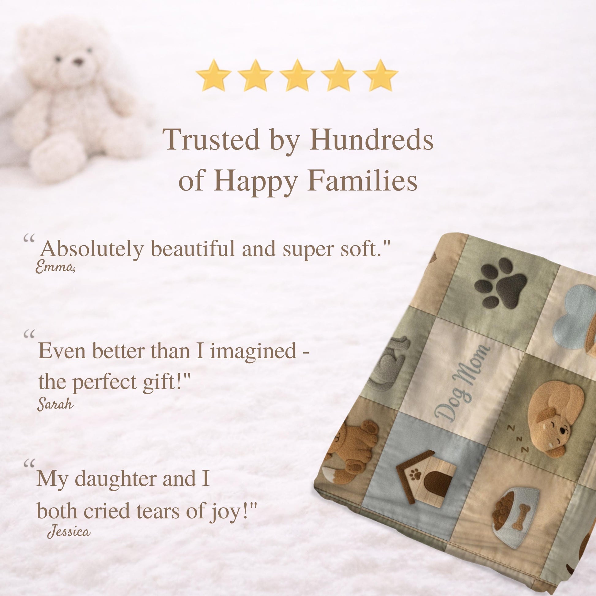 Personalized baby blanket with name in a patchwork look with cute puppy motifs in neutral tones. Printed quilt style for cozy modern nurseries.