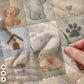 Personalized baby blanket with name in a patchwork look with cute puppy motifs in neutral tones. Printed quilt style for cozy modern nurseries.