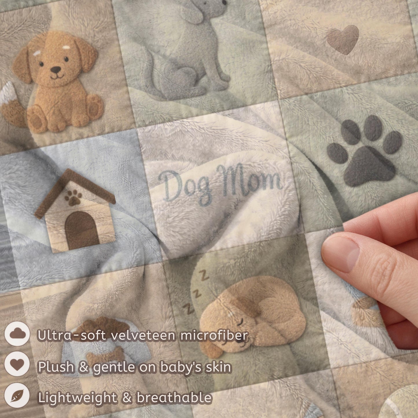 Personalized baby blanket with name in a patchwork look with cute puppy motifs in neutral tones. Printed quilt style for cozy modern nurseries.