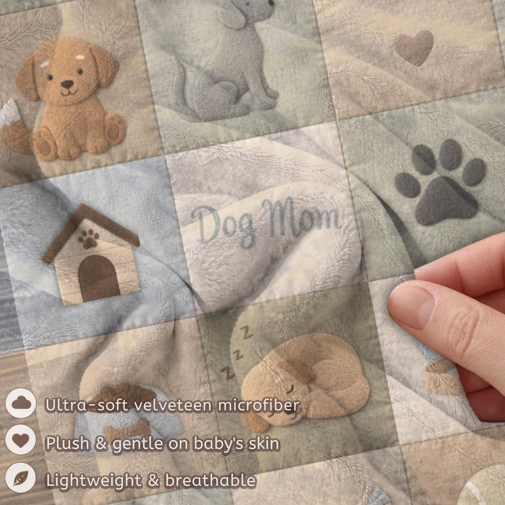 Personalized baby blanket with name in a patchwork look with cute puppy motifs in neutral tones. Printed quilt style for cozy modern nurseries.