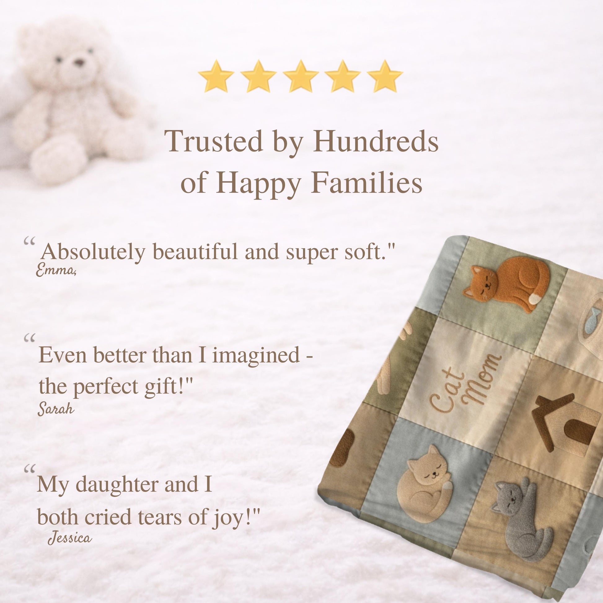 Personalized baby blanket with name in a patchwork look with sweet kitten motifs in neutral tones. Printed quilt style for cozy modern nurseries.