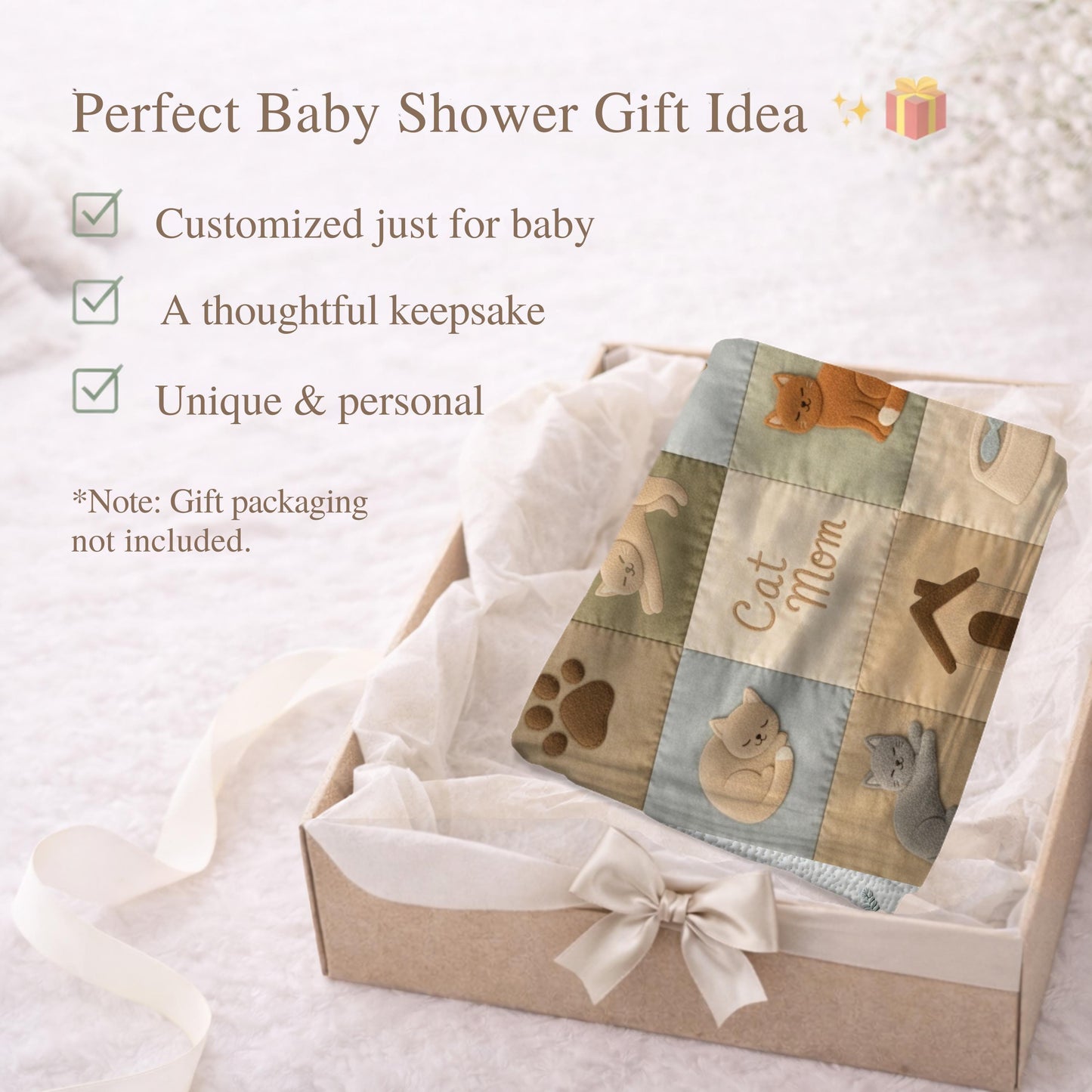 Personalized baby blanket with name in a patchwork look with sweet kitten motifs in neutral tones. Printed quilt style for cozy modern nurseries.