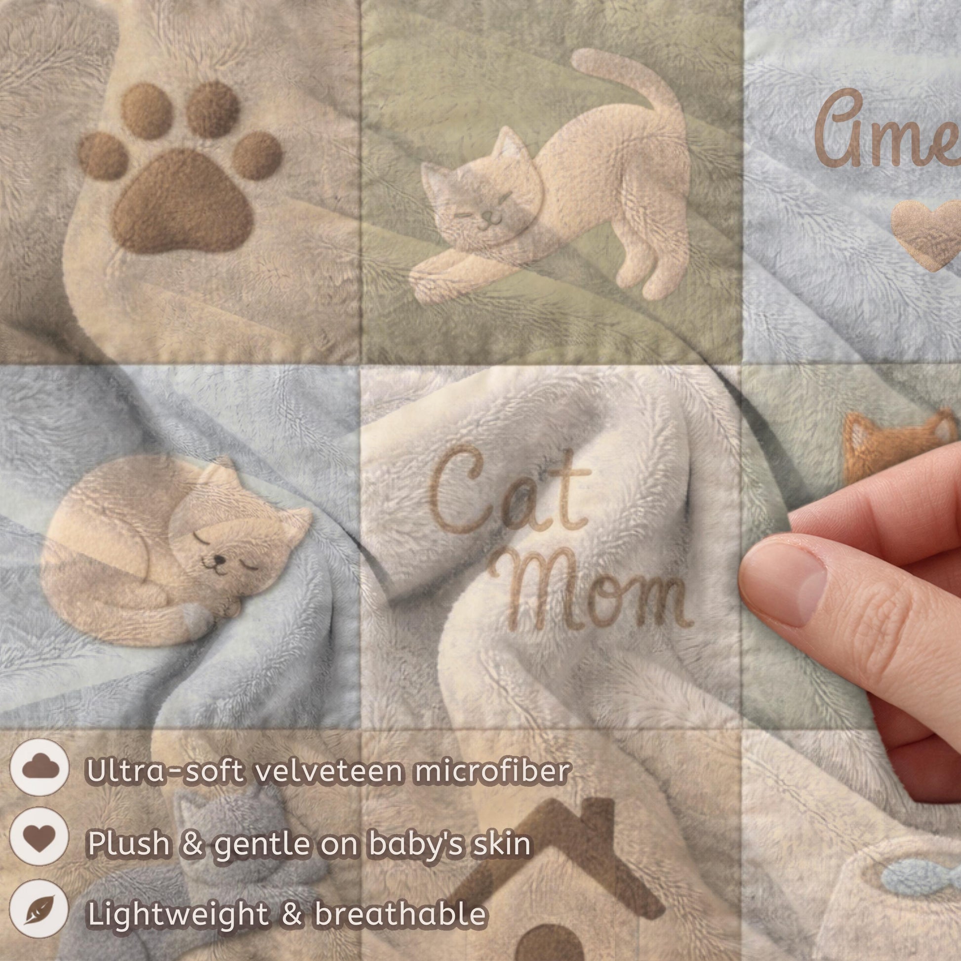 Personalized baby blanket with name in a patchwork look with sweet kitten motifs in neutral tones. Printed quilt style for cozy modern nurseries.