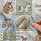 Personalized baby blanket in a patchwork look with horse and farm motifs in calm neutral tones. Printed quilt style for cozy modern nurseries.