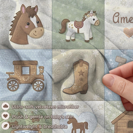 Personalized baby blanket in a patchwork look with horse and farm motifs in calm neutral tones. Printed quilt style for cozy modern nurseries.