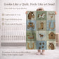 Personalized baby blanket in a patchwork look with horse and farm motifs in calm neutral tones. Printed quilt style for cozy modern nurseries.