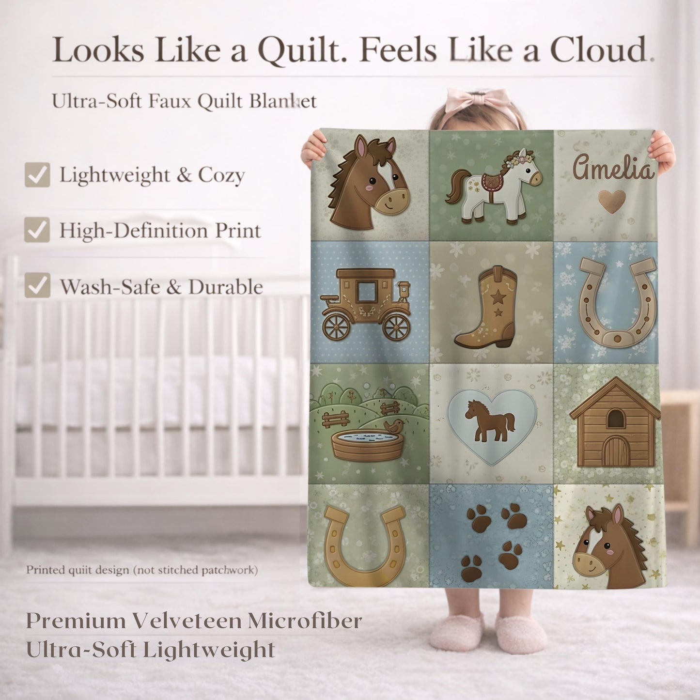 Personalized baby blanket in a patchwork look with horse and farm motifs in calm neutral tones. Printed quilt style for cozy modern nurseries.