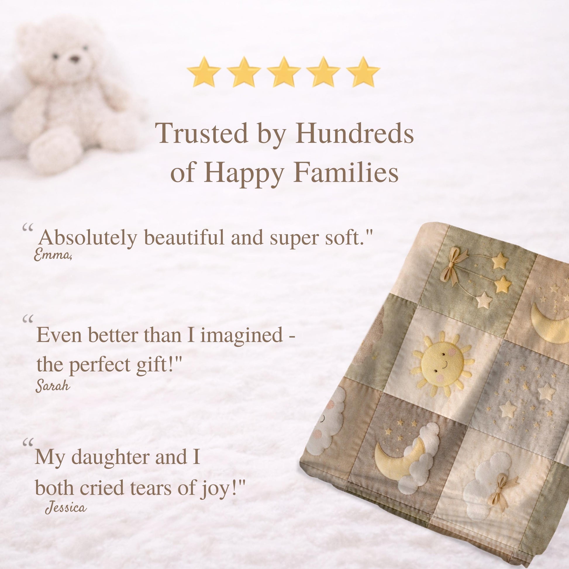 Personalized patchwork look baby blanket with clouds, sun, moon and stars in a soft quilt-style design. Neutral nursery colors with custom name.