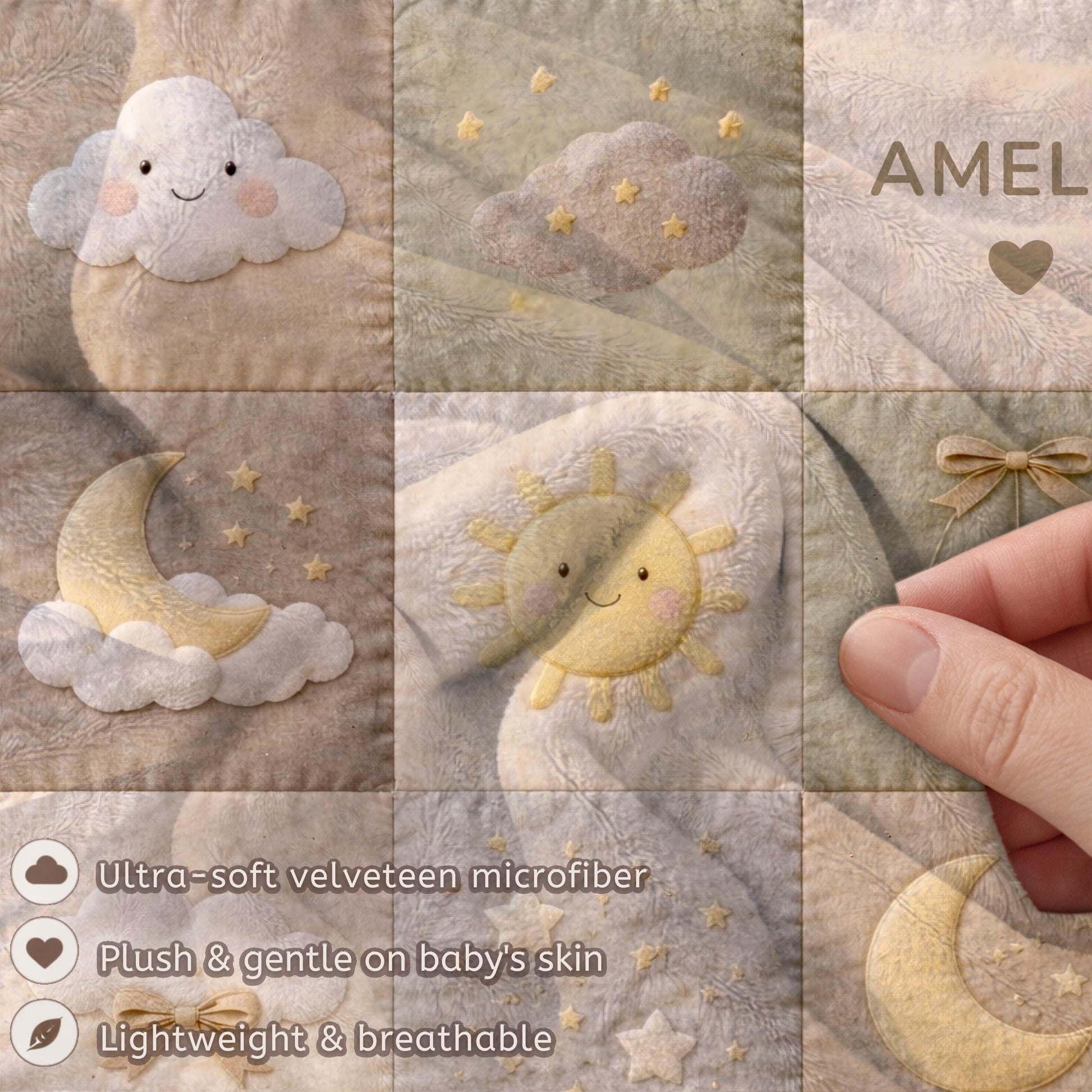Personalized patchwork look baby blanket with clouds, sun, moon and stars in a soft quilt-style design. Neutral nursery colors with custom name.